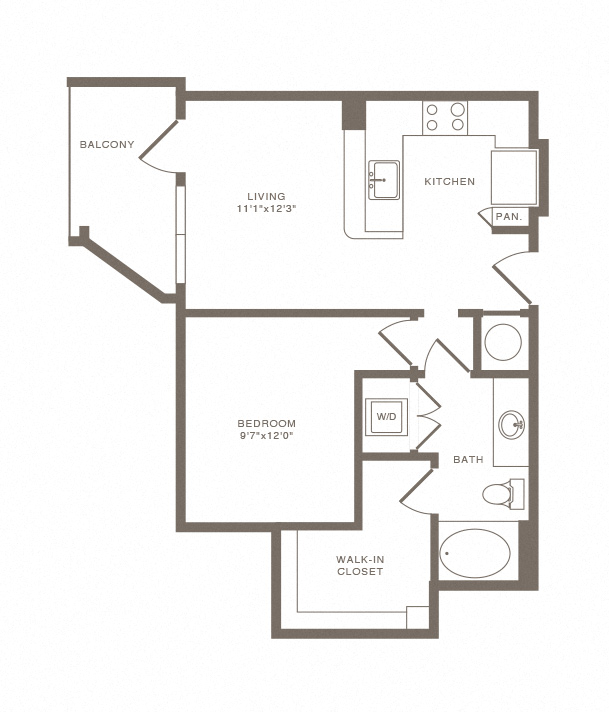Floor plan for 1 bed, 1 bath, 709 sqft